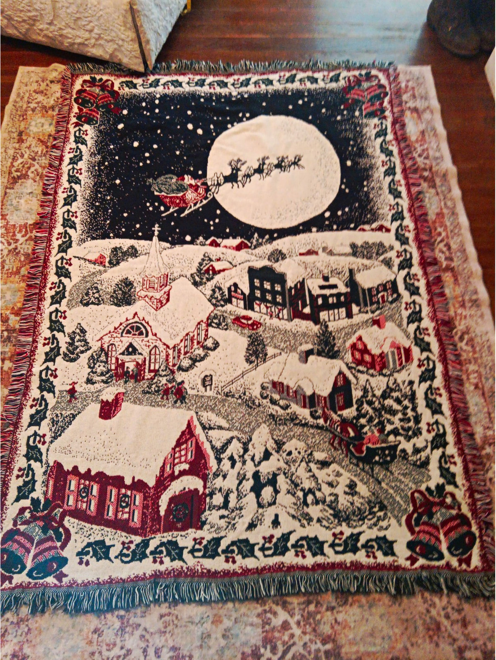 VTG Christmas Tapestry Throw Blanket Woven Cotton Santa Village Reindeer Sleigh
